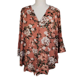 Torrid Harper Blouse Womens 14-16 Coral Floral 3/4 Sleeve Button Up Rayon EUC
